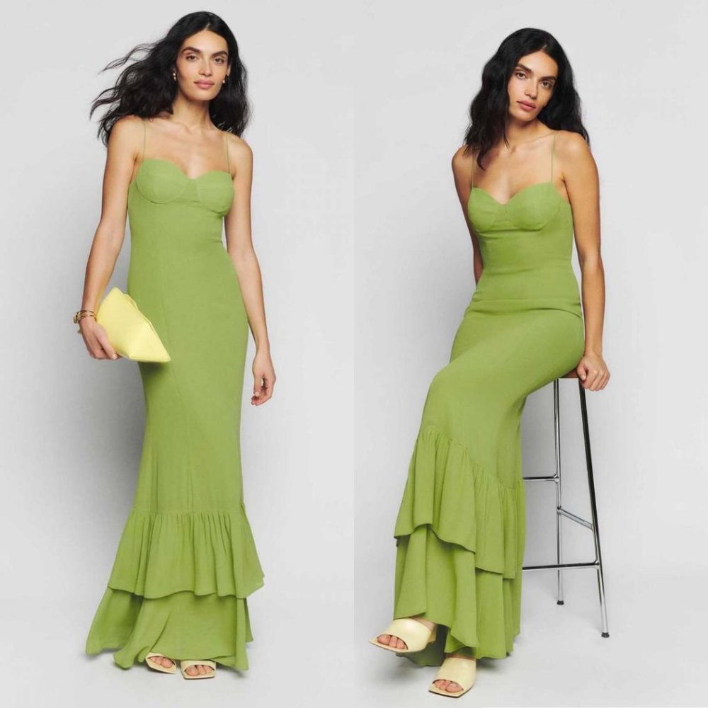 ❌SOLD❌NWT Reformation Fallon Mermaid Tiered Maxi Dress Sz 2 Avocado Ruffle Tie - Picture 2 of 10